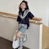 Áo phông cộc tay 3D cổ phối ren nơ màu navy size đại bé gái