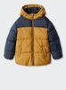 Áo khoác phao Mango mũ liền phối 2 màu xanh rêu-navy, cam-navy