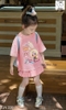 Bộ cotton hồng Baby Three Pony áo mix chân váy xếp ly hãng Elaine