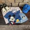 Bộ cộc tay cotton Mickey xanh quần sooc kẻ sọc kèm mũ