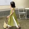 Set váy hai dây màu be mix áo dệt kim xanh bơ size đại bé gái