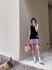 Váy polo sát nách Thom Browne màu navy phối caro hồng xếp ly