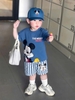 Bộ cộc tay cotton Mickey xanh quần sooc kẻ sọc kèm mũ