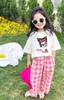 Bộ Kuromi Sofia Candy áo cộc tay trắng quần thô dài caro hồng