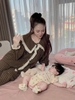 Bộ pyjamas caro phối ren 2 màu nâu, xanh than cho nữ