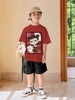 Bộ cotton Na Tra chibi Boonana áo cộc tay đỏ mận quần sooc kaki đen
