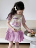 Bộ Baby Three áo cộc tay raglan trắng tím Rabi Purple chân váy đính nơ