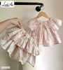 Set thô trắng áo cánh tiên smock ngực chân váy bồng Linh An phối loang hồng