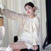 Bộ áo dài tay mix quần short thêu hoa viền ren TRẮNG