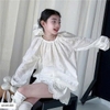 Bộ áo dài tay mix quần short thêu hoa viền ren TRẮNG
