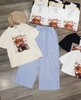 Bộ áo phông Zara hình thỏ mũ hồng quần suông kẻ 3 màu cho nữ