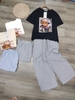 Bộ áo phông Zara hình thỏ mũ hồng quần suông kẻ 3 màu cho nữ