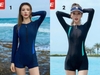Bộ bơi Yuke liền thân nữ dài tay quần sooc 2 màu xanh navy, đen phối xanh lá