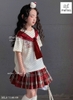 Bộ cộc tay Melisa áo be chân váy kẻ đỏ thắt khăn Delta Leta