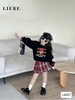 Set bộ Labubu Happy hãng Liebe Babydress áo nỉ đen phối chân váy caro đỏ
