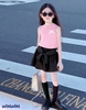 Bộ WinWin 3-8Y Nexxi áo thun sát nách croptop 2 màu hồng, đen đính nơ chân váy kate xoè
