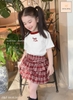 Bộ cộc tay áo trắng nơ Cocso JAM&JENNY mix chân váy ĐỎ caro 3 tầng
