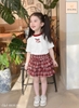 Bộ cộc tay áo trắng nơ Cocso JAM&JENNY mix chân váy ĐỎ caro 3 tầng