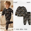 Bộ cotton Malwee dài tay màu đen hoạ tiết khủng long vàng