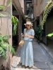 Bộ NaNa áo tay phồng chân váy maxi ren thô hoa dài màu xanh blue
