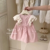 Váy thô babydoll tay cánh tiên phối ren HỒNG cổ nơ cho bé