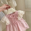 Váy thô babydoll tay cánh tiên phối ren HỒNG cổ nơ cho bé