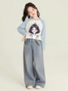Bộ cotton raglan áo trắng xanh hình cô gái mix quần jean hãng Elaine