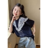 Áo phông cộc tay 3D cổ phối ren nơ màu navy size đại bé gái