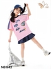 Bộ cotton NABI áo hồng Spirit chân váy xếp ly xanh navy