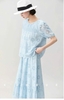 Bộ Na Na áo tay phồng chân váy maxi ren thô hoa dài màu xanh blue