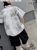 Bộ 3 món áo sơ mi nhiều chữ quần short đen, mix áo phông trắng size đại