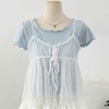Áo phông cộc tay xanh cotton mix ren trắng