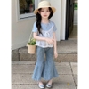 Áo phông cộc tay xanh cotton mix ren trắng