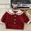Áo khoác len cardigan 3 màu đỏ, ghi, navy cổ phối ren