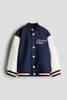 Áo khoác bomber CHICAGO H&M xanh navy phối tay da màu trắng