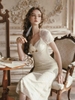 LaceMade váy ren dáng dài tay ngắn cổ vuông điệu đà_Y87