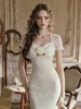 LaceMade váy ren dáng dài tay ngắn cổ vuông điệu đà_Y87