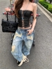Áo corset ôm body phối quần jean ống rộng bụi bặm_Q06