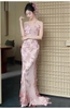 Váy dự tiệc hồng pastel dáng ôm hoa nổi_I119