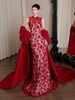 Váy dự tiệc ren hoa dáng dài kèm áo choàng satin_I161