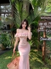 Áo hoa bẹt vai phối chân váy dài ôm_V49