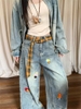 Quần jeans ống rộng thêu nấm phối dây caro_E12