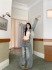Quần jeans ống rộng thêu nấm phối dây caro_E12