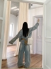 Quần jeans ống rộng thêu nấm phối dây caro_E12